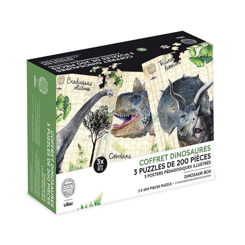Coffret de 3 puzzles 200 pcs dinosaures avec posters - Vilac